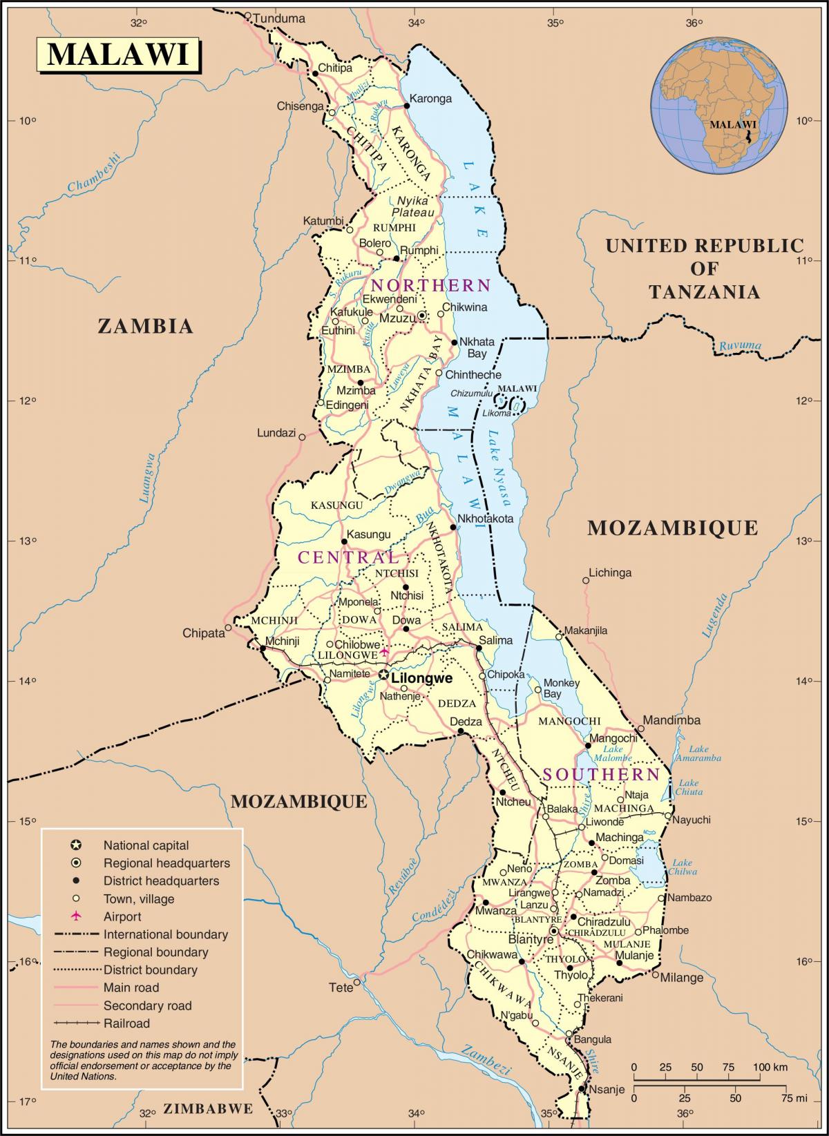kaart van Malawi wat paaie