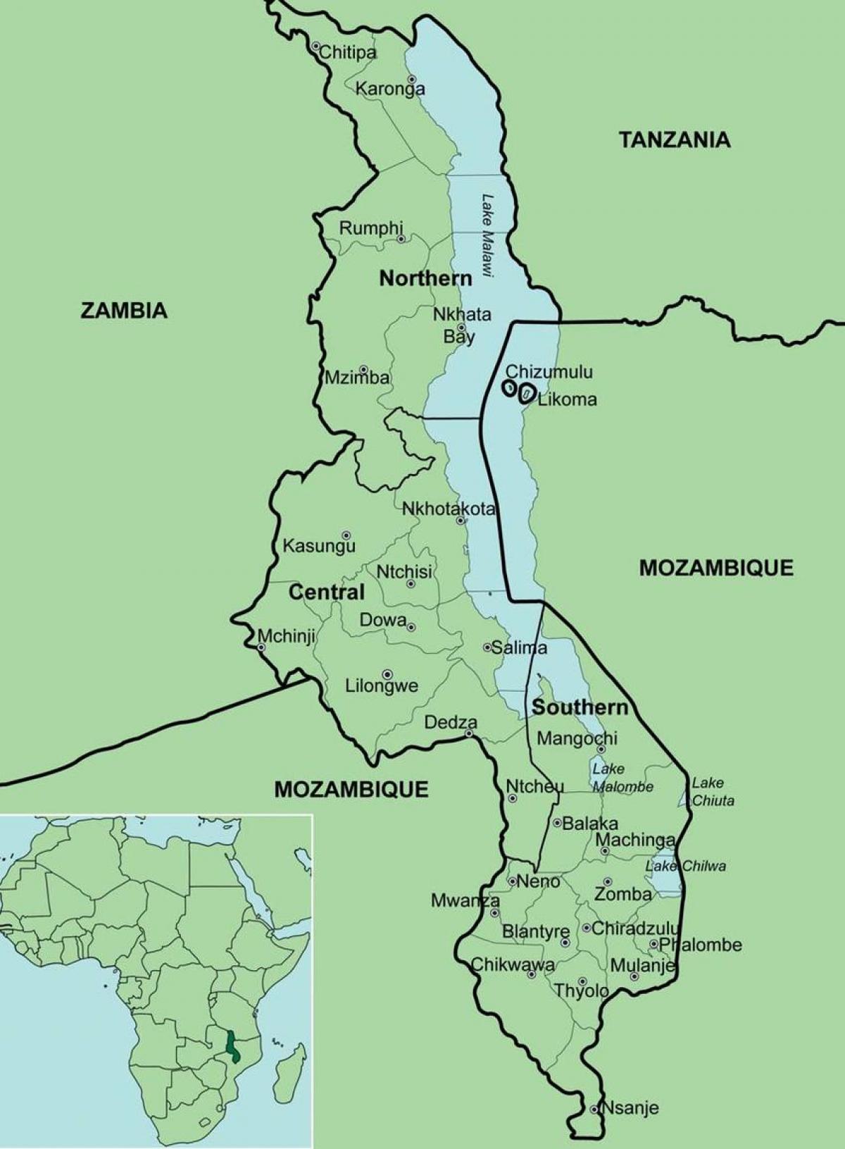 kaart van Malawi wat distrikte